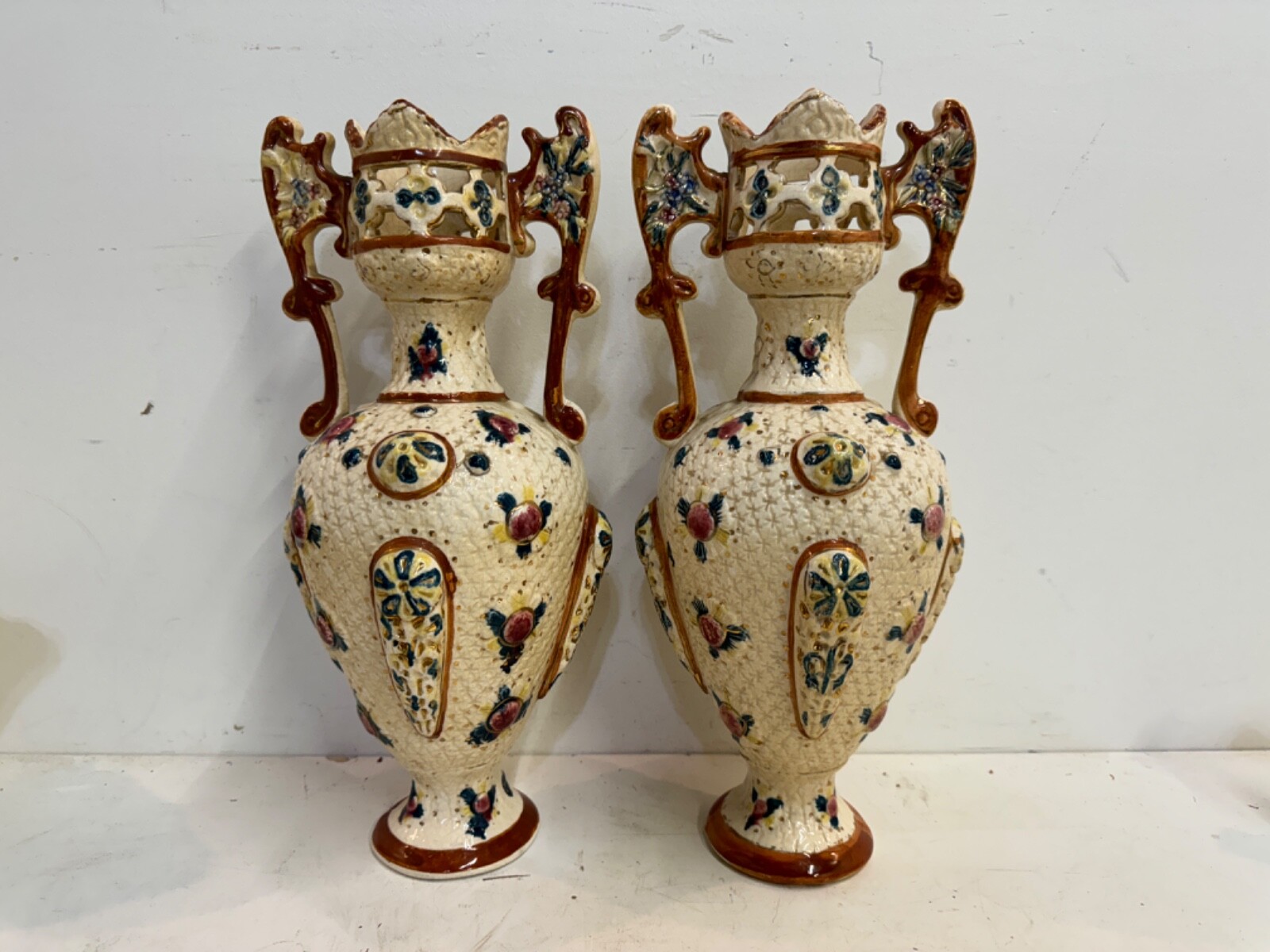 Antique English Staffordshire Ceramic Pair of Vase with Floral Decorations