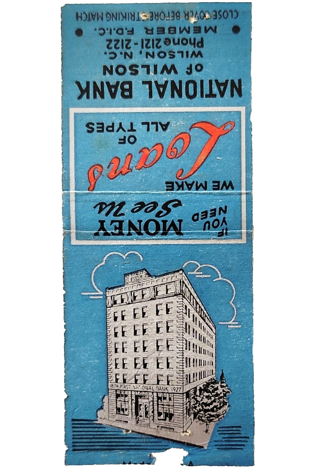 1940s National Bank Of Wilson Matchbook Cover North Carolina Loans Vintage