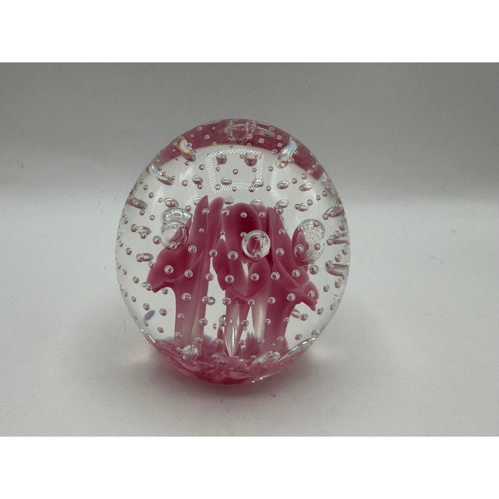 Joe Rice Art Glass Paperweight Pink Floral Controlled Bubble Round Decor 1990