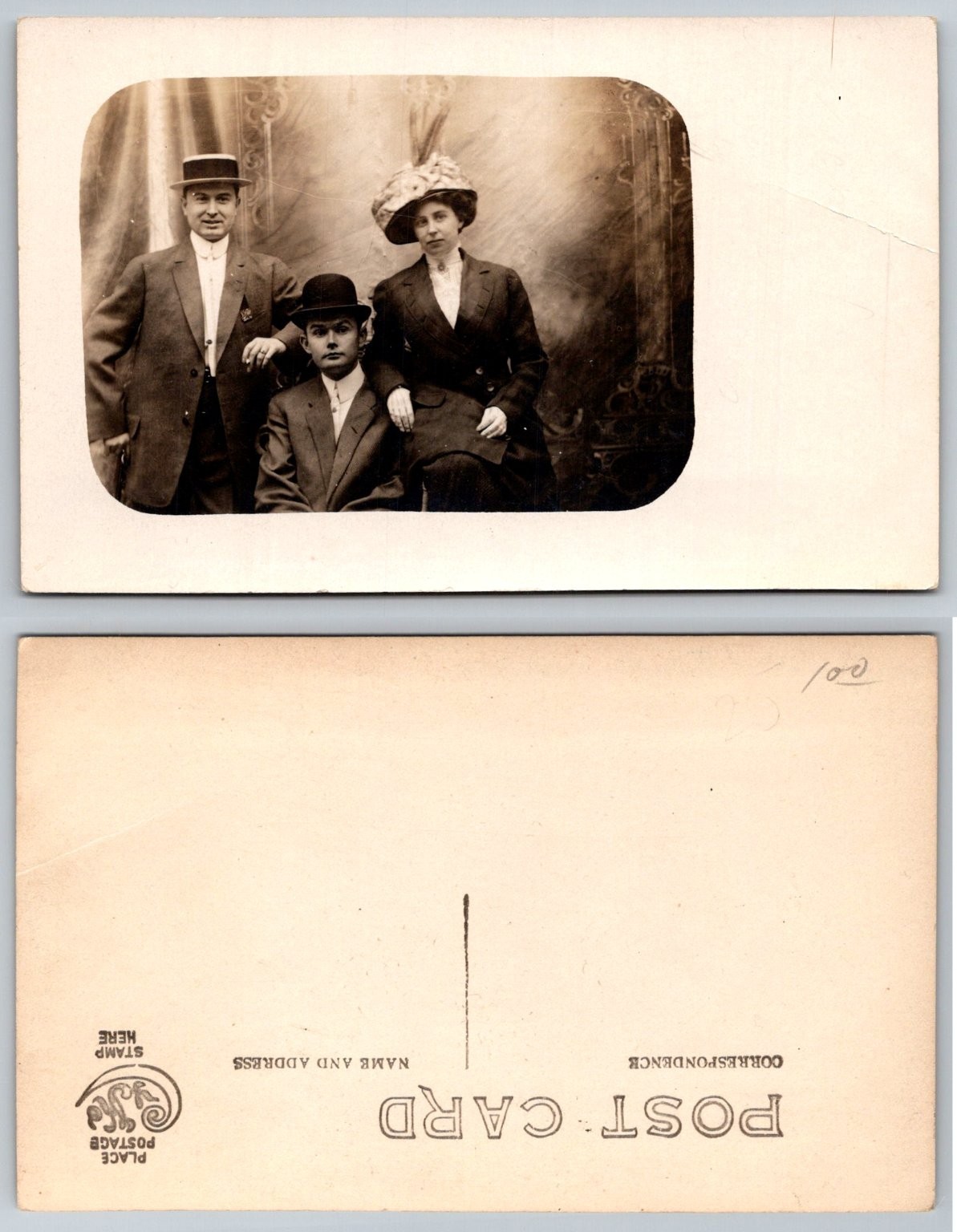 RPPC Edwardian Family Studio Portrait Postcard Vintage Fashion Hats 1910s