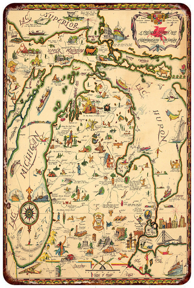 Commonwealth of Michigan map 1935 Vintage LOOK Reproduction Metal sign