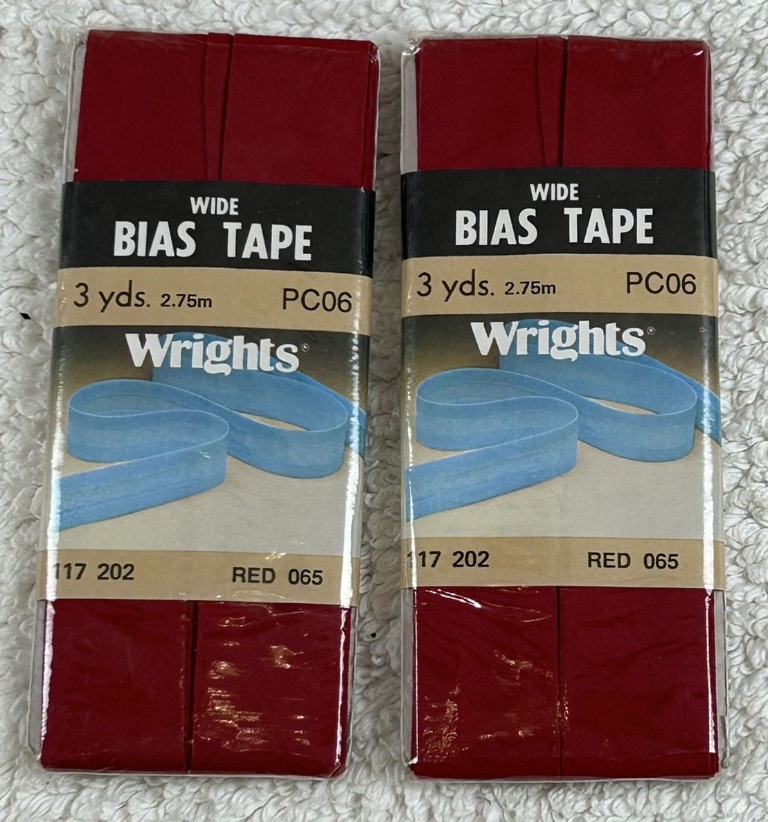 NOS 2 Pkgs VTG 1986 Wrights Poly/Cotton Wide Bias Tape RED 065 117 202- 3 Yds Ea