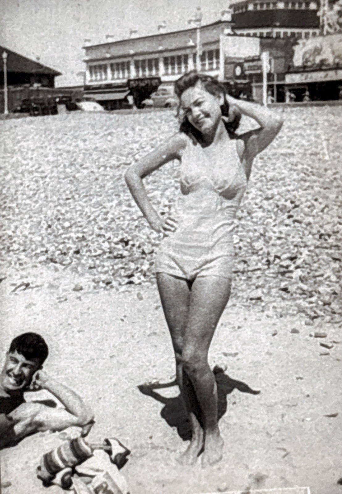 Lady at the Beach in Bathing Suit~B&W Glass Photo Slide SVE Vintage c1940-50’s