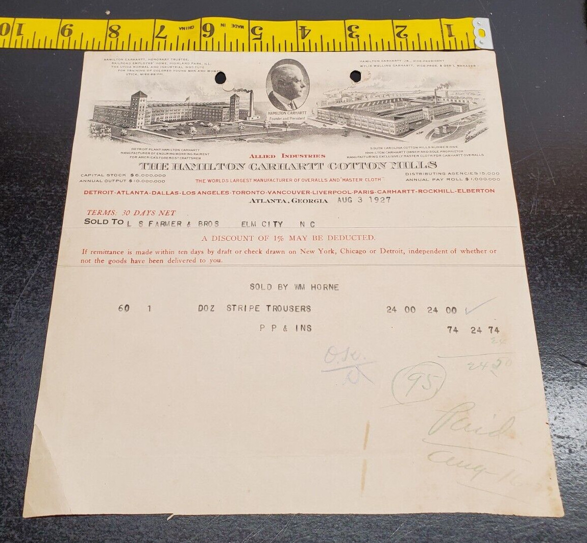 1927 The Hamilton Carhartt Cotton Mills paid invoice-Atlanta Georgia-Portrait 1927 The Hamilton Carhartt Cotton Mills paid invoice-Atlanta Georgia-Portrait