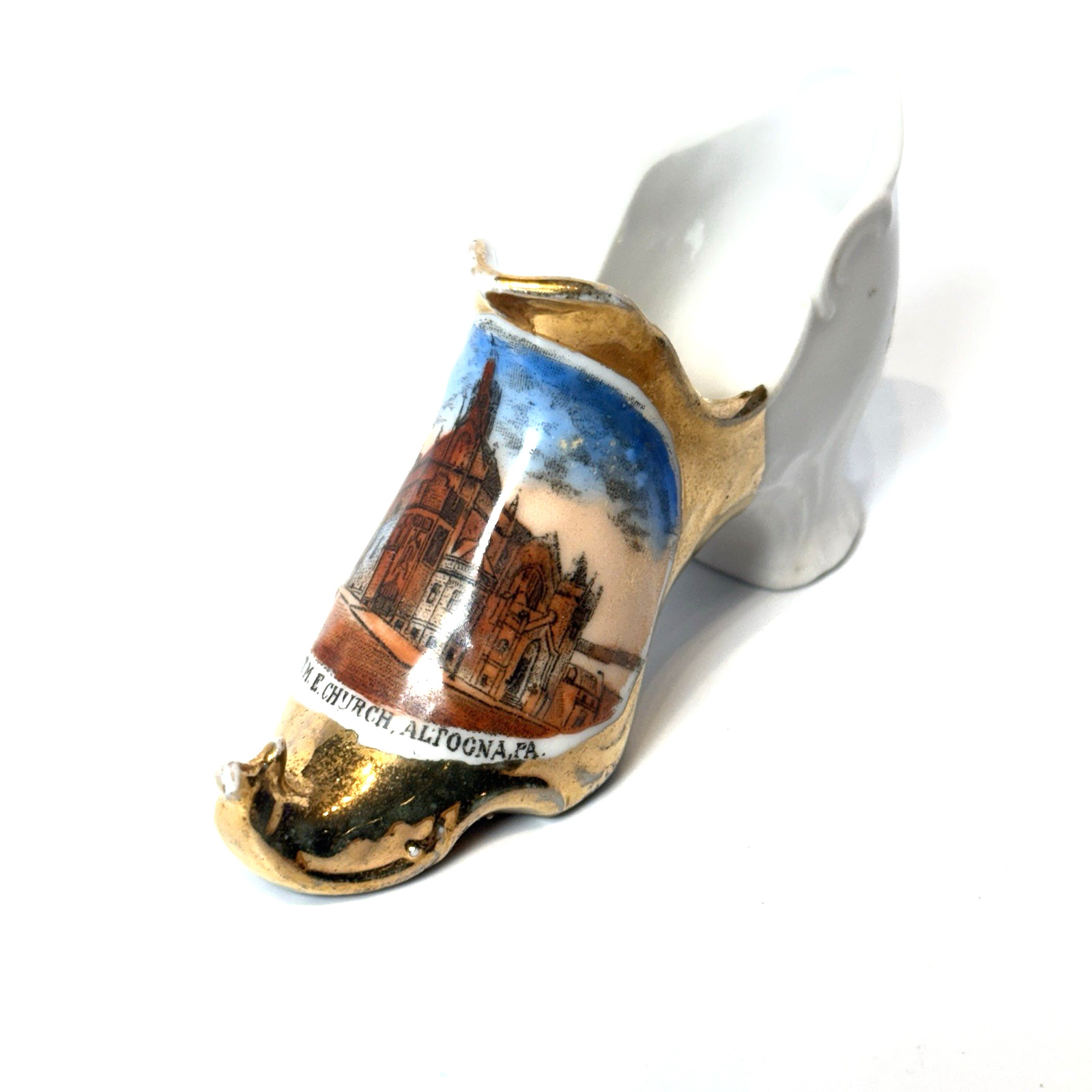 ALTOONA Pennsylvania PA Antique M.E. CHURCH Souvenir TRINKET  SHOE GOLD GILDED