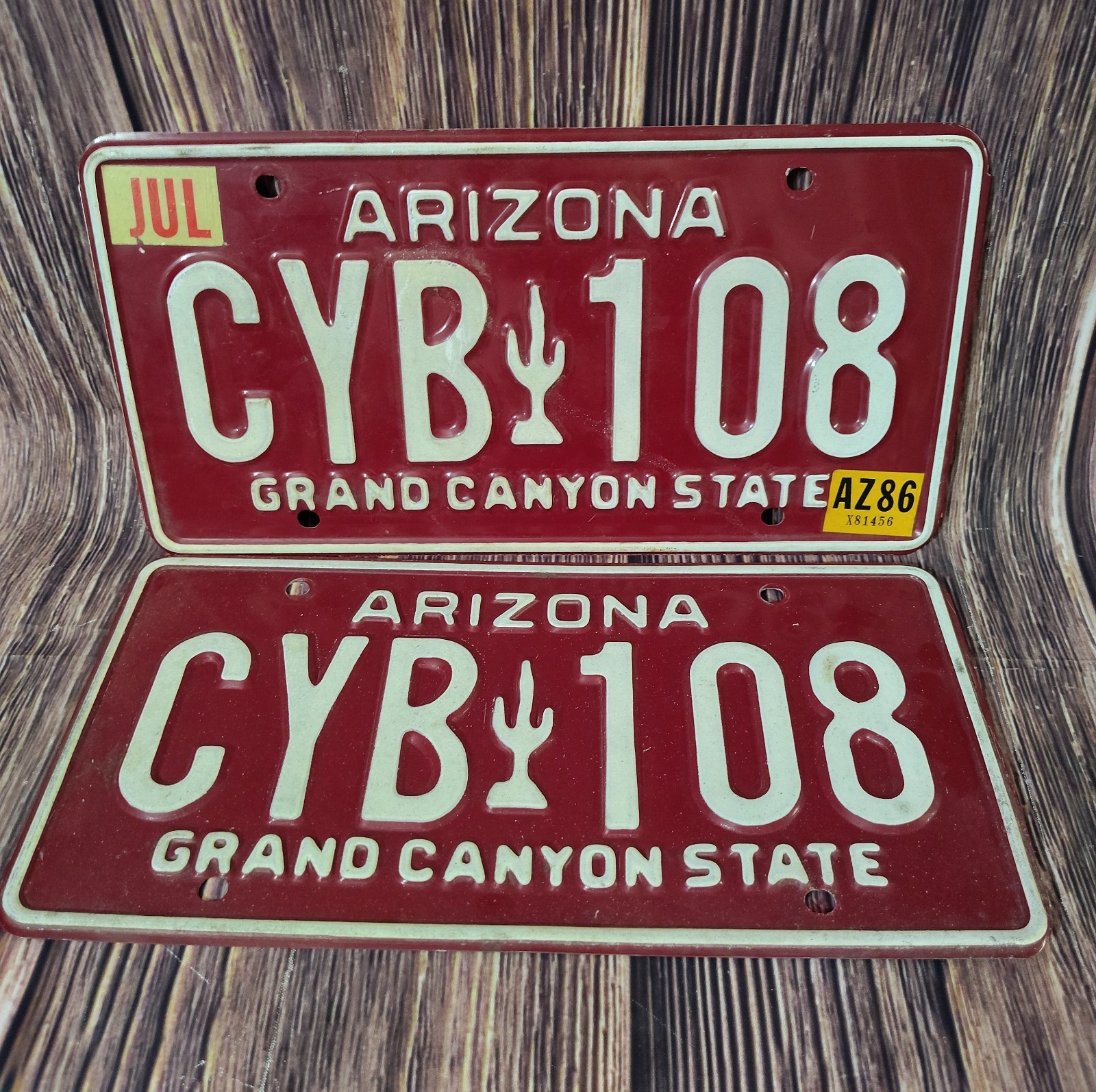 2 Matched Pair Arizona 1986 Maroon Cactus Grand Canyon State License Plate Set