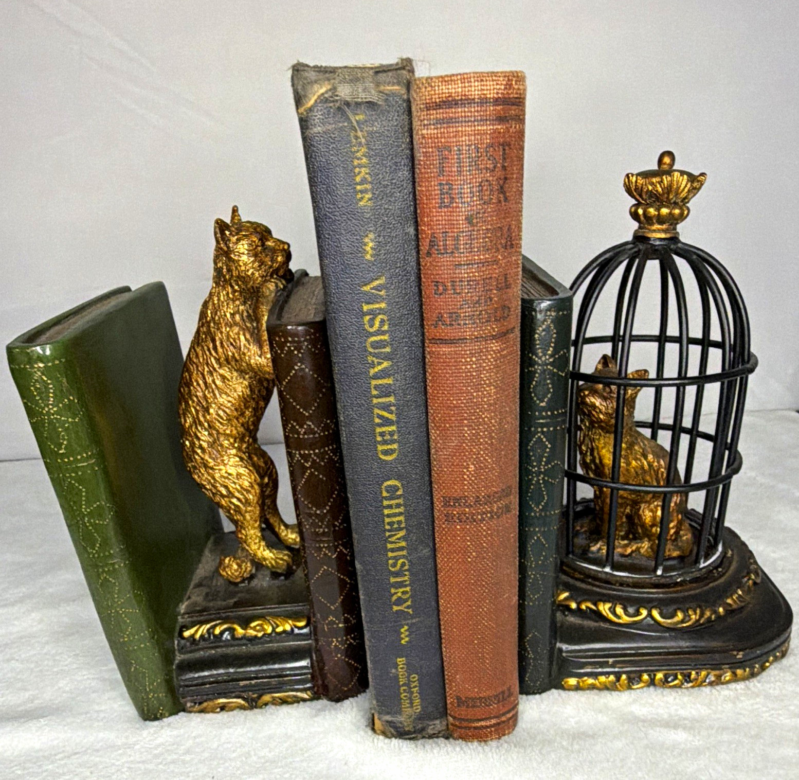 Vintage Whimsical Peeking Cat Book Bookend Gold Green Bronze