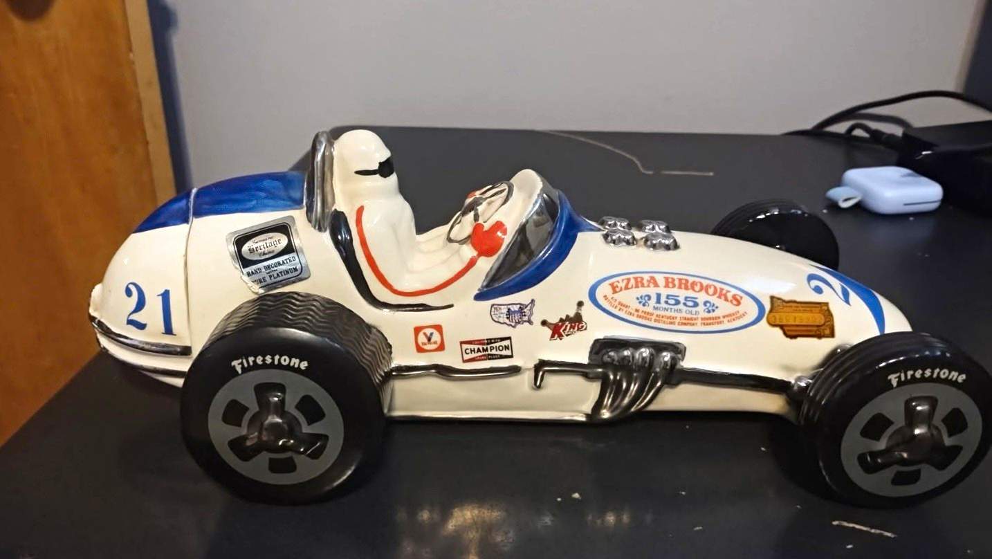Ezra Brooks Indy Race Car Whiskey Decanter #21 Firestone White/Blue