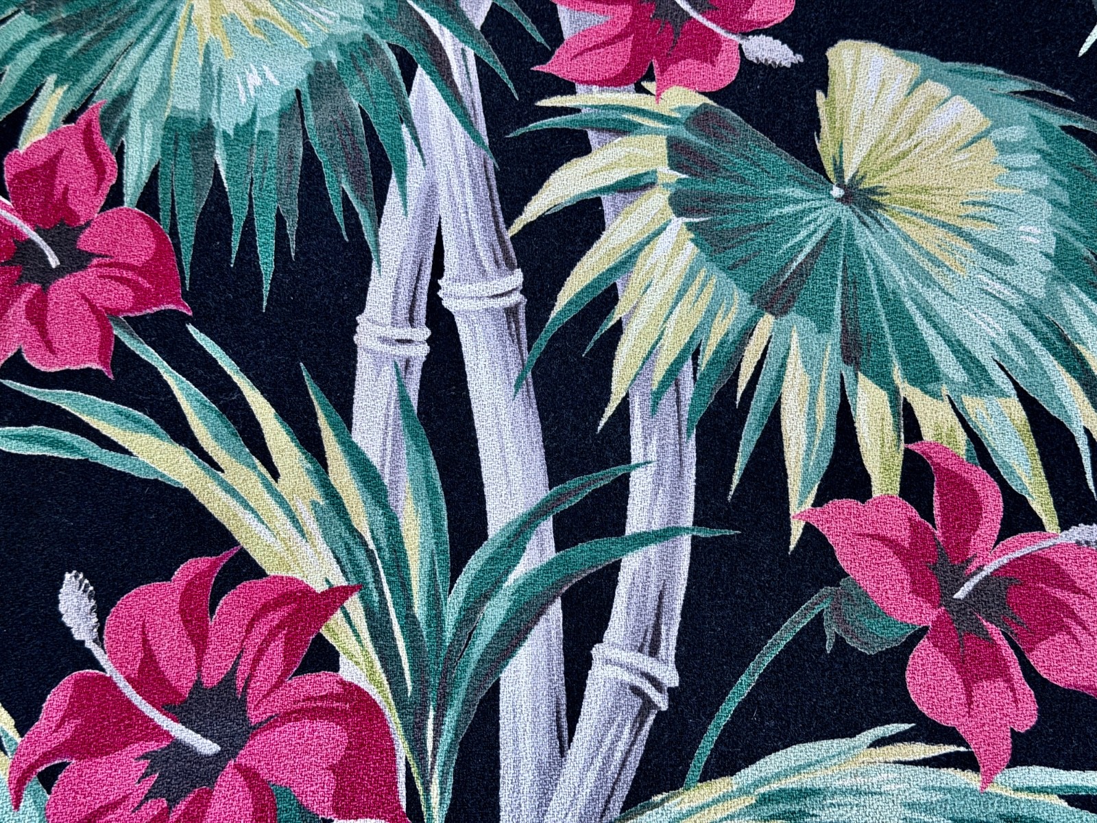 30\'s Miami Beach Art Deco FAN PALMS & Hibiscus on BLACK Barkcloth Vintage Fabric