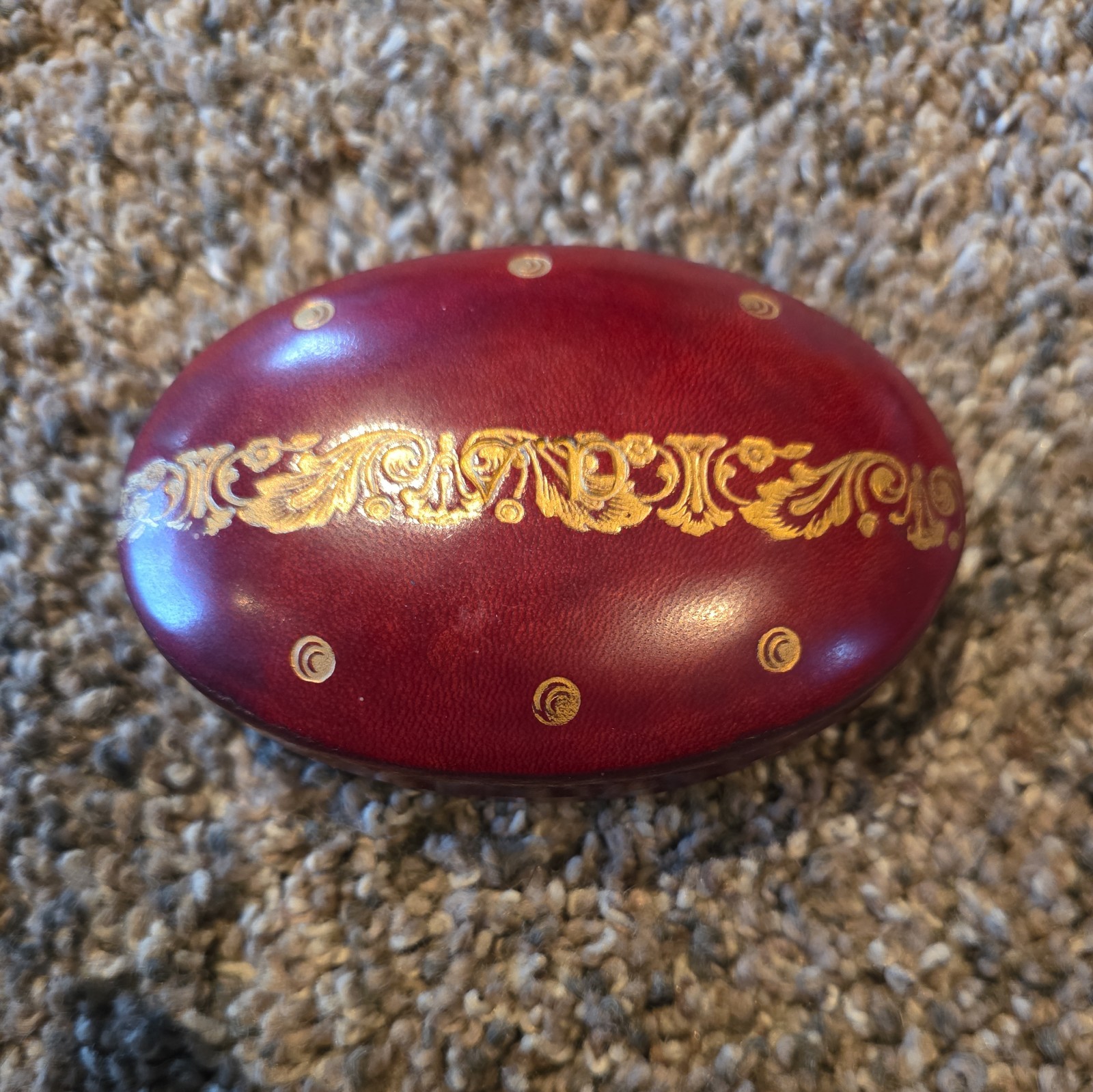 Vintage Italy Tooled Red Calf Leather Small Trinket Box Oval - Gold Gilt Detail