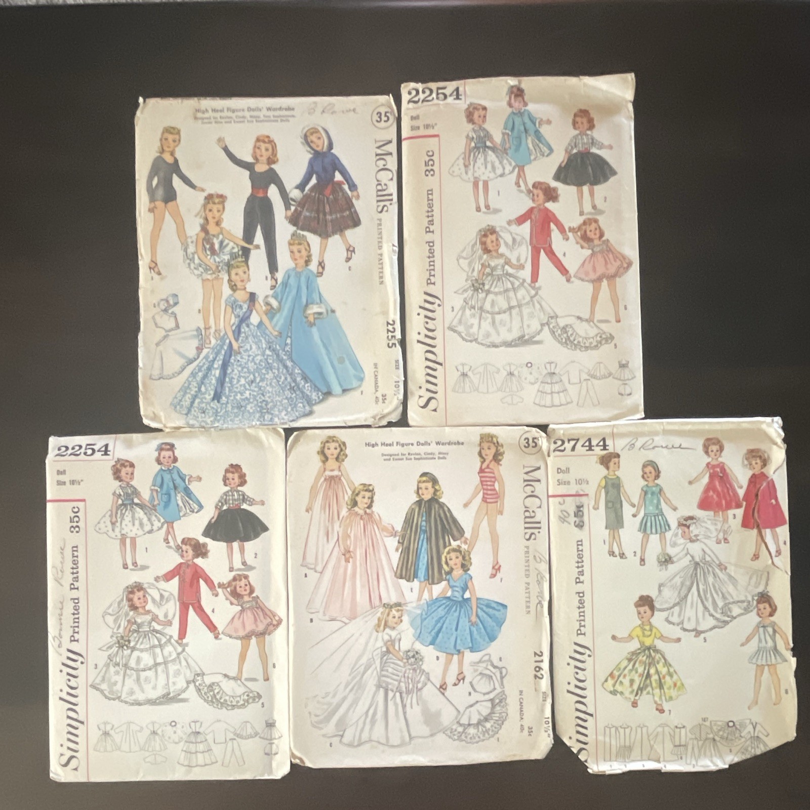 Vintage 1957-58 High Heal 10 1/2 “ Figure Doll Sewing Patterns. Lot of 5. 