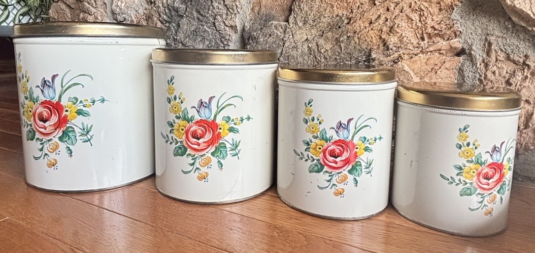 4 Vintage decoware canister set nesting flower collage tin coffee sugar can