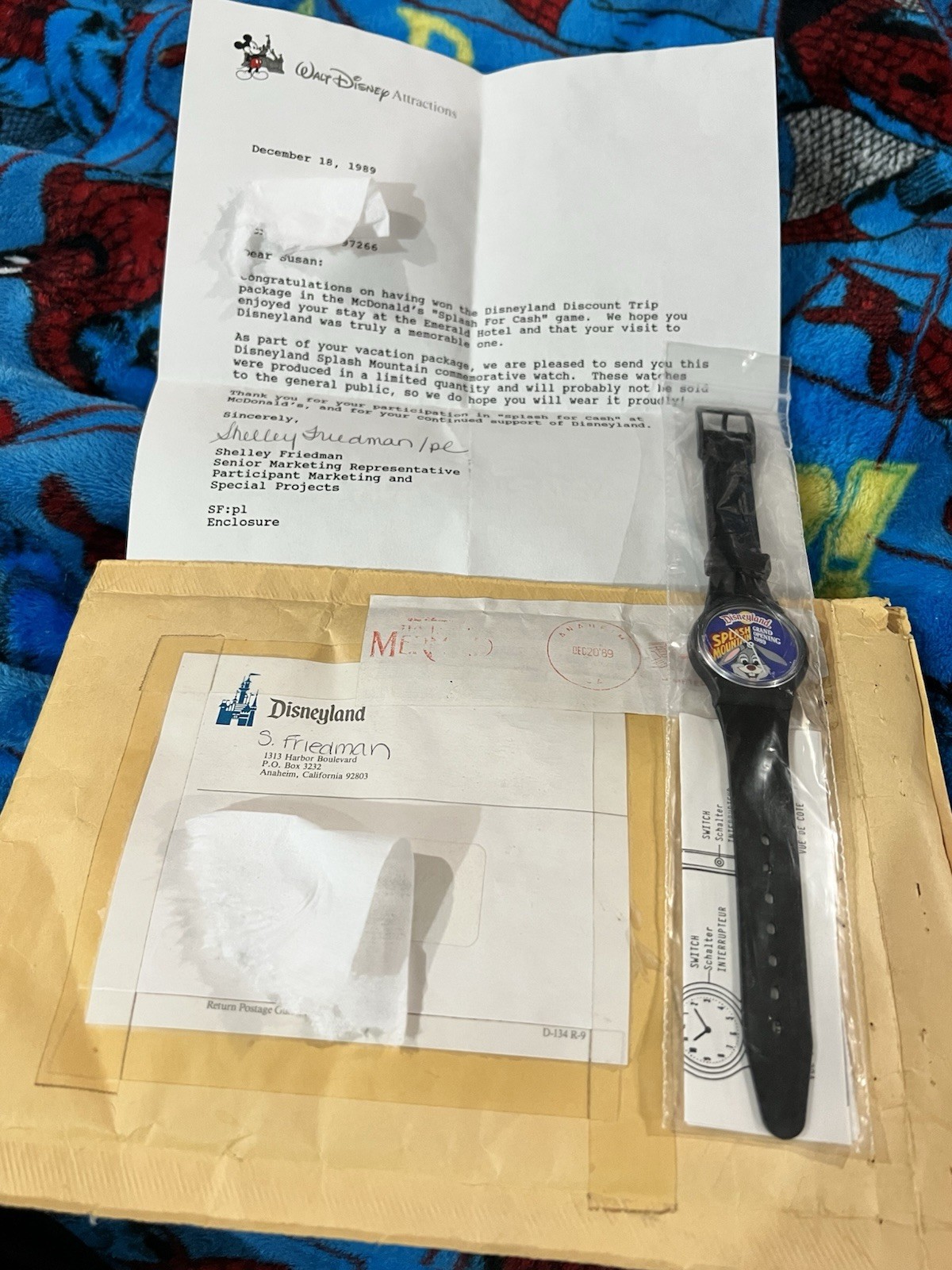 Vintage Disneyland Splash Mountain 1989 Grand Opening Watch With Mailer Letter