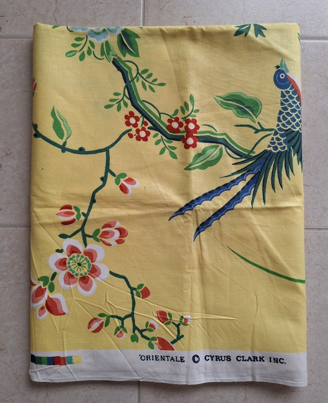 Vintage Cyrus Clark Orientale Chinoiserie Bird Floral Fabric 1.5 yds Dark Specks