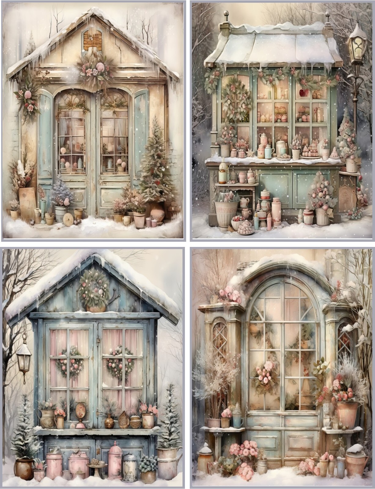 8 Christmas shabby chic storefronts Christmas Cards glossy blank with envelopes