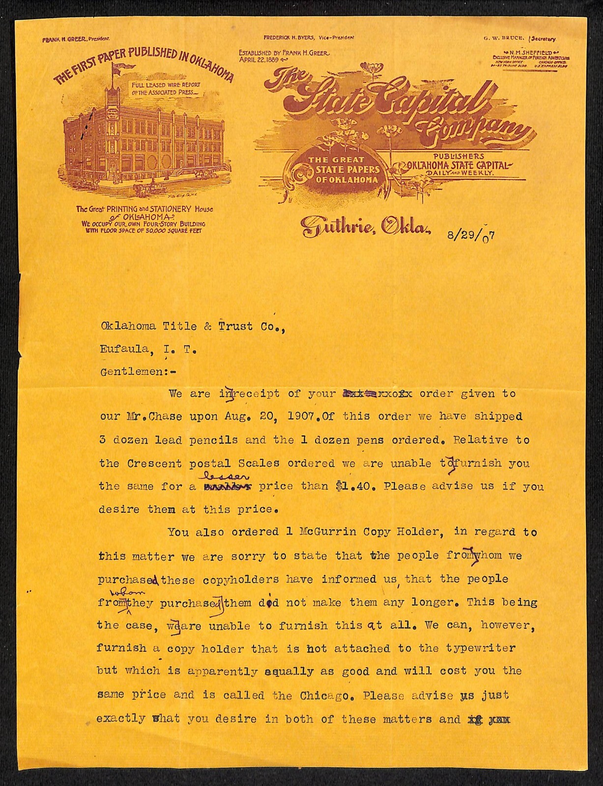 1907 State Capital Company Publishers Guthrie Territorial Letterhead