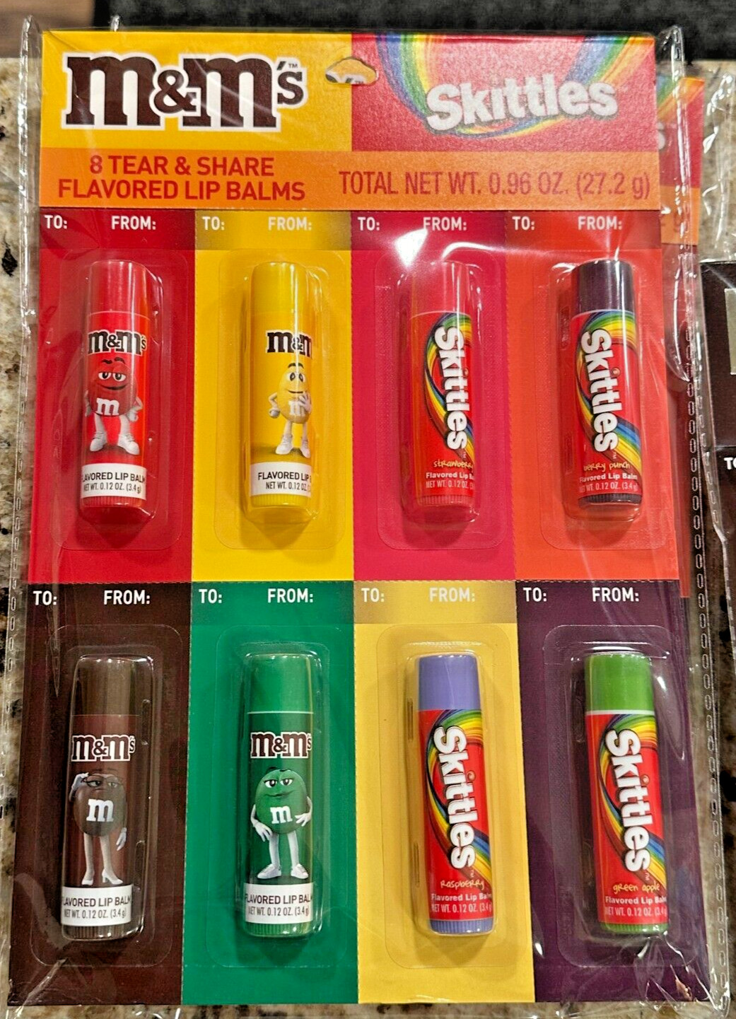 M & M\'s, Skittles, 8 Tear & Share Flavored Lip Balms Total Net Wt. 0.96 oz.