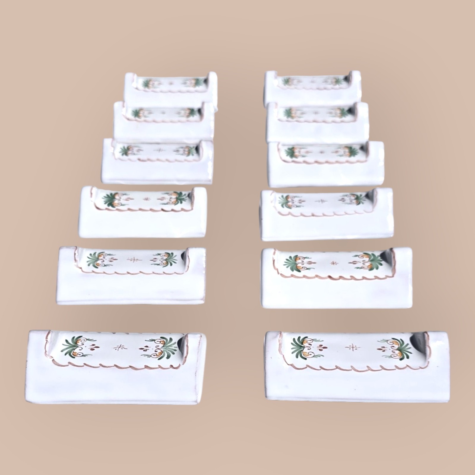 Set of 12 Vintage French Moustiers Faience Knife Rests Hand Painted Signed Mint
