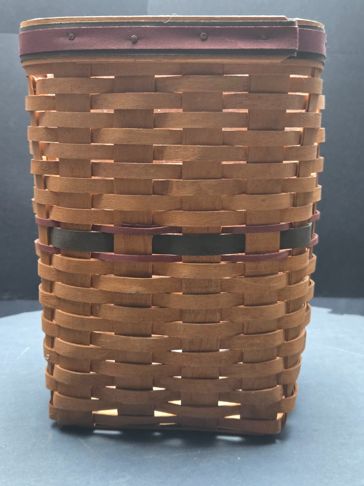 1994 Longaberger Tall Key Basket Handwoven Dresden Ohio Burgundy Black Accent