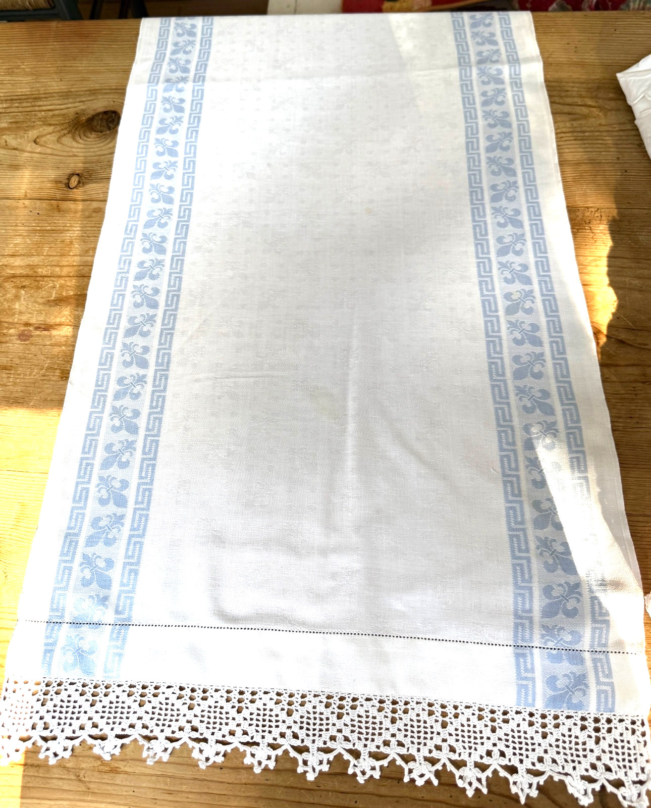 Vintage Blue and White Linen Damask Table Runner with Crochet Edges B386