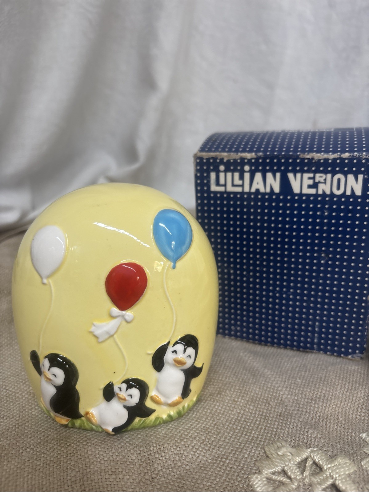Vintage Lilian Vernon Yellow 3 Penguins With Balloons Bank Made In Japan