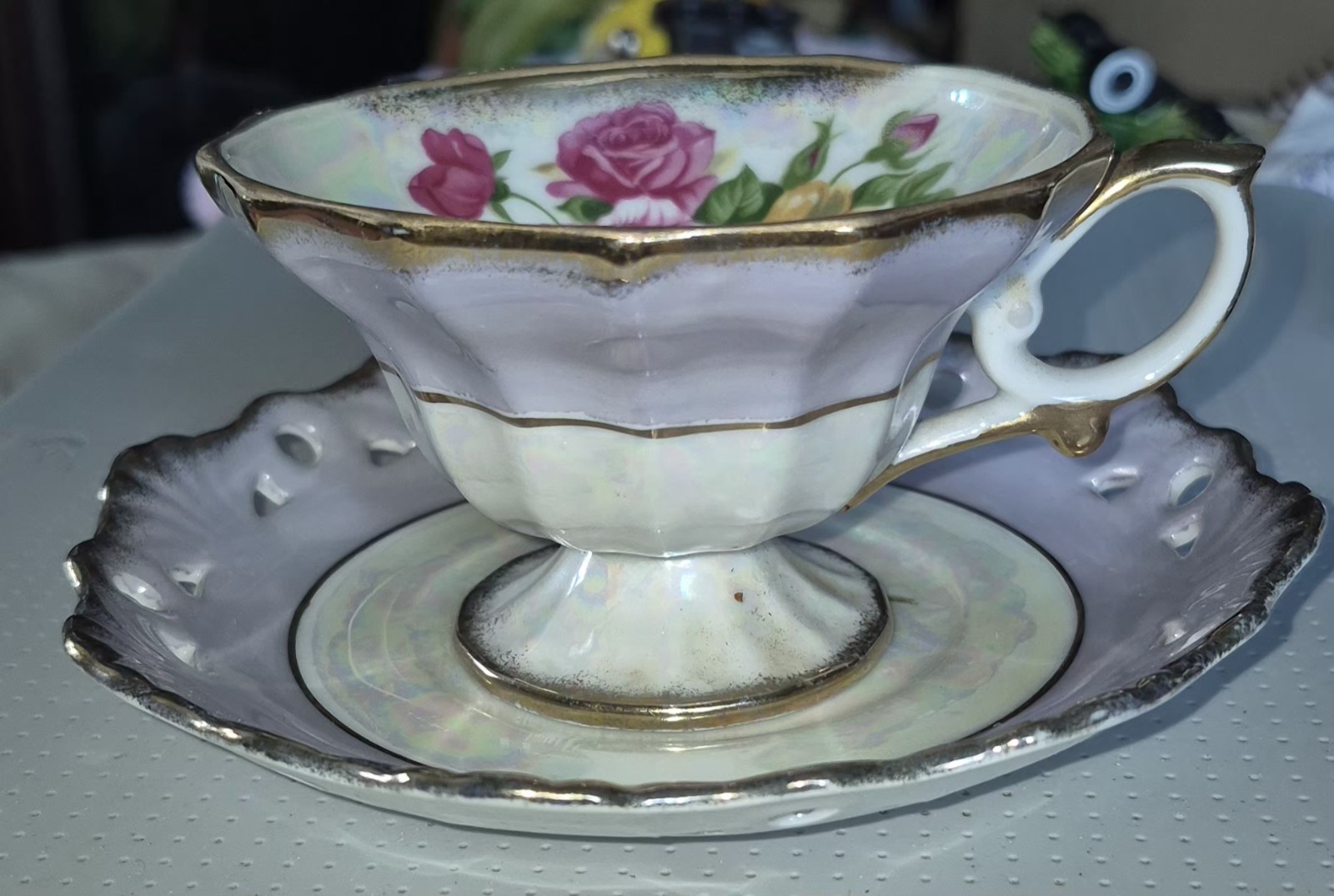 Vintage Lusterware Pedestal Tea Cup and Saucer Floral Gold Trim Iradesecent 