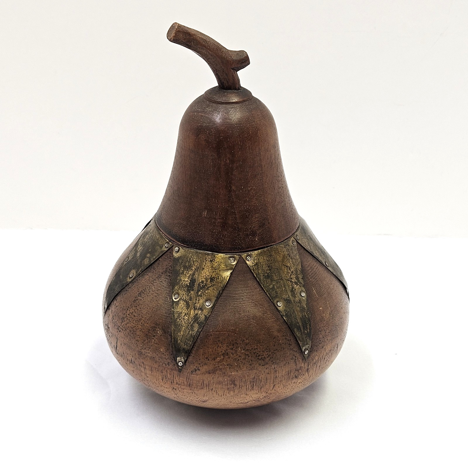 Vintage Hand Turned Wood Pear Tea Caddy Brass Accents Trinket Box