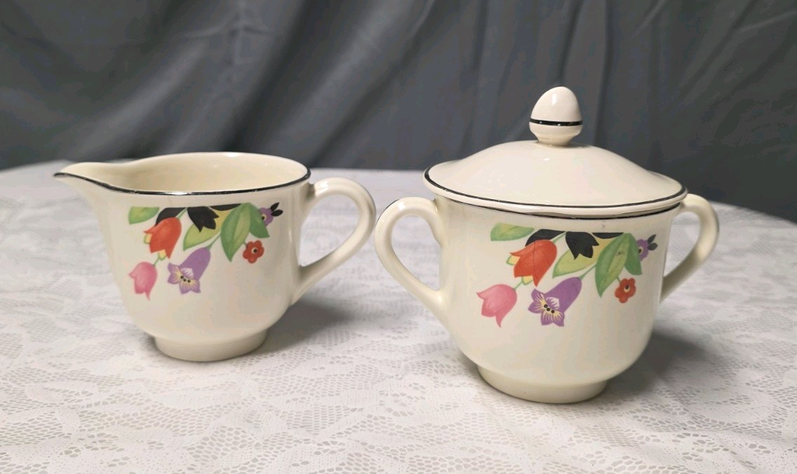 VHTF 1930s Hall's Superior Quality Crocus Pattern Creamer and Sugar with Lid