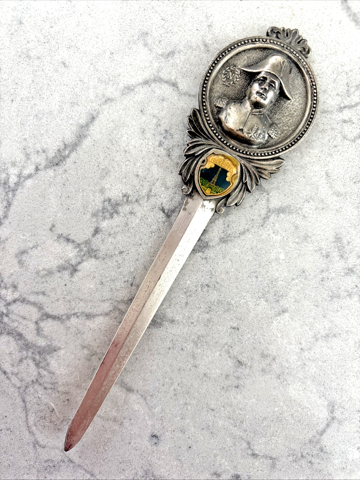 Vintage Pewter Napoleon Letter Opener/France/Eiffel tower/Paris/ Patina