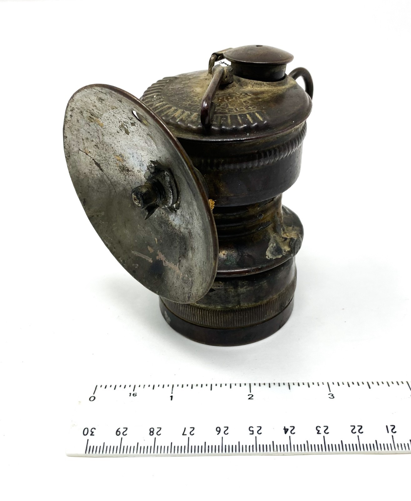 Antique Guy\'s Dropper Dewar MFG 1913 Pat. Cap Lamp Miners Mining Carbide Lamp