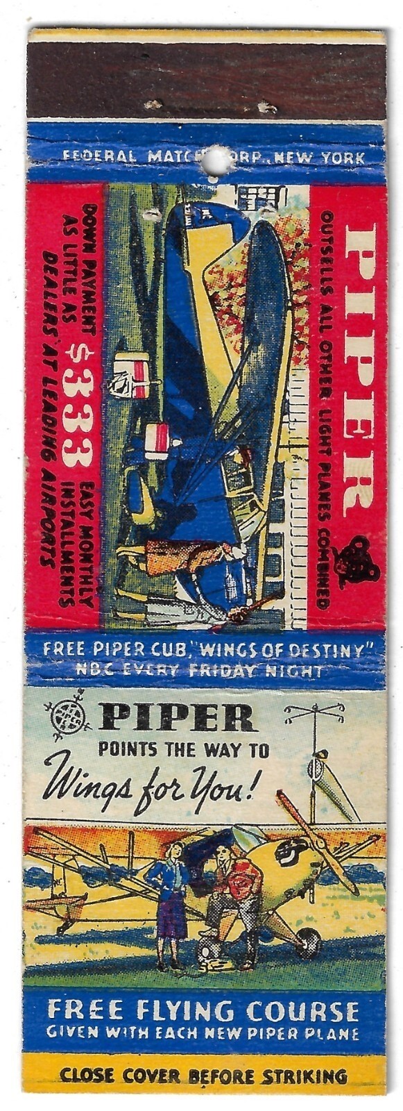 Vintage Matchbook Cover Mail-In Free Piper Cub Wings of Destiny .