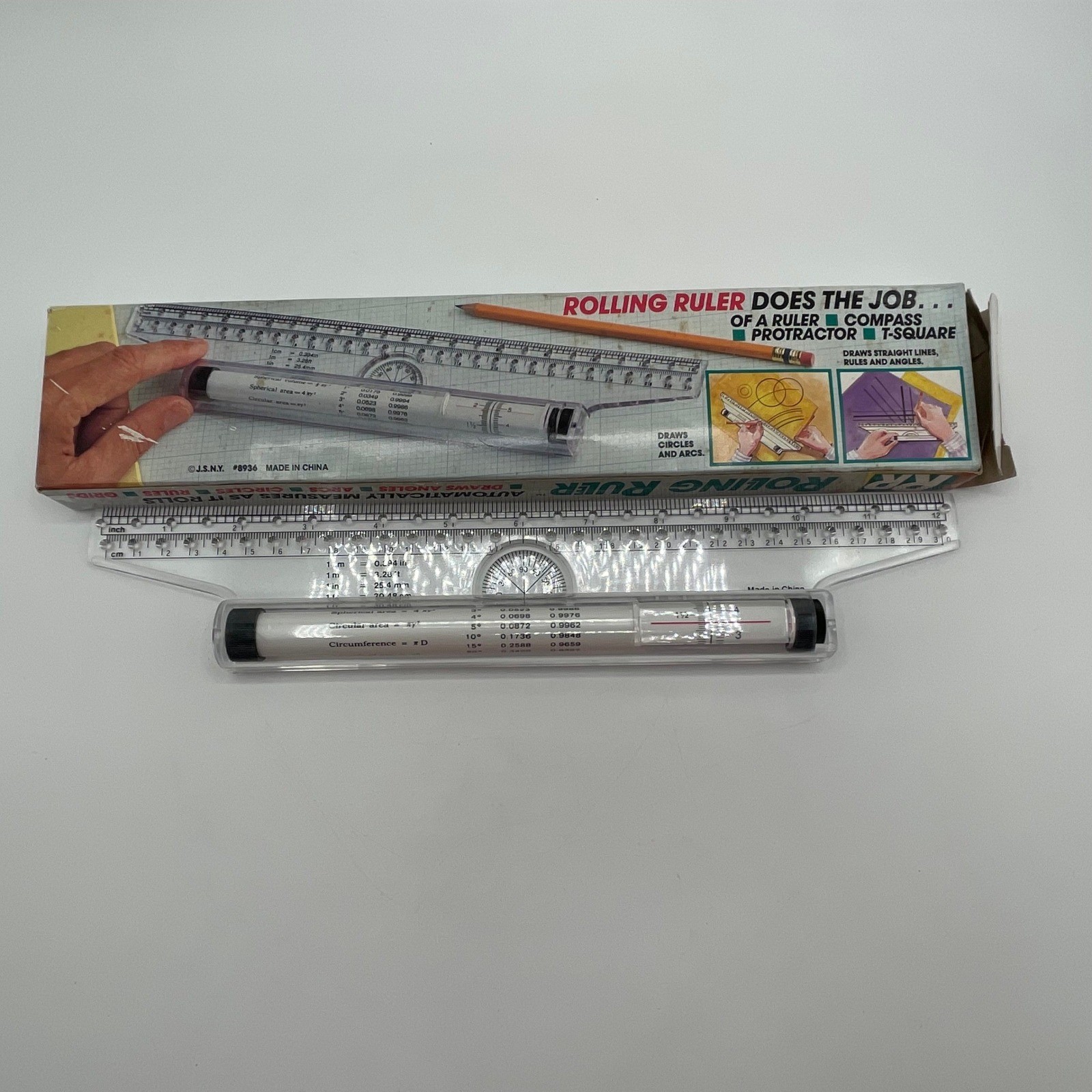 Vintage J.S.N.Y. Rolling Ruler 12 Inch Multi Purpose Drafting Tool Model 8936