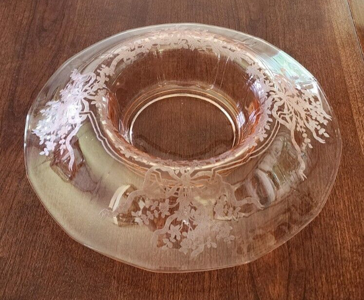Vintage Pink Depression Glass Etched Frosted Console Bowl 10