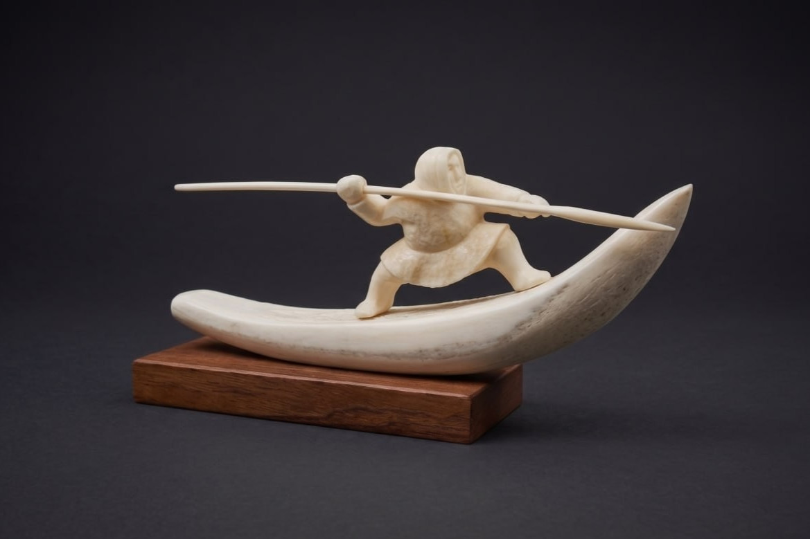 Vtg Inuit Chukchi Sculpture, Hunter in Kayak with Harpoon, Arctic Folk Art