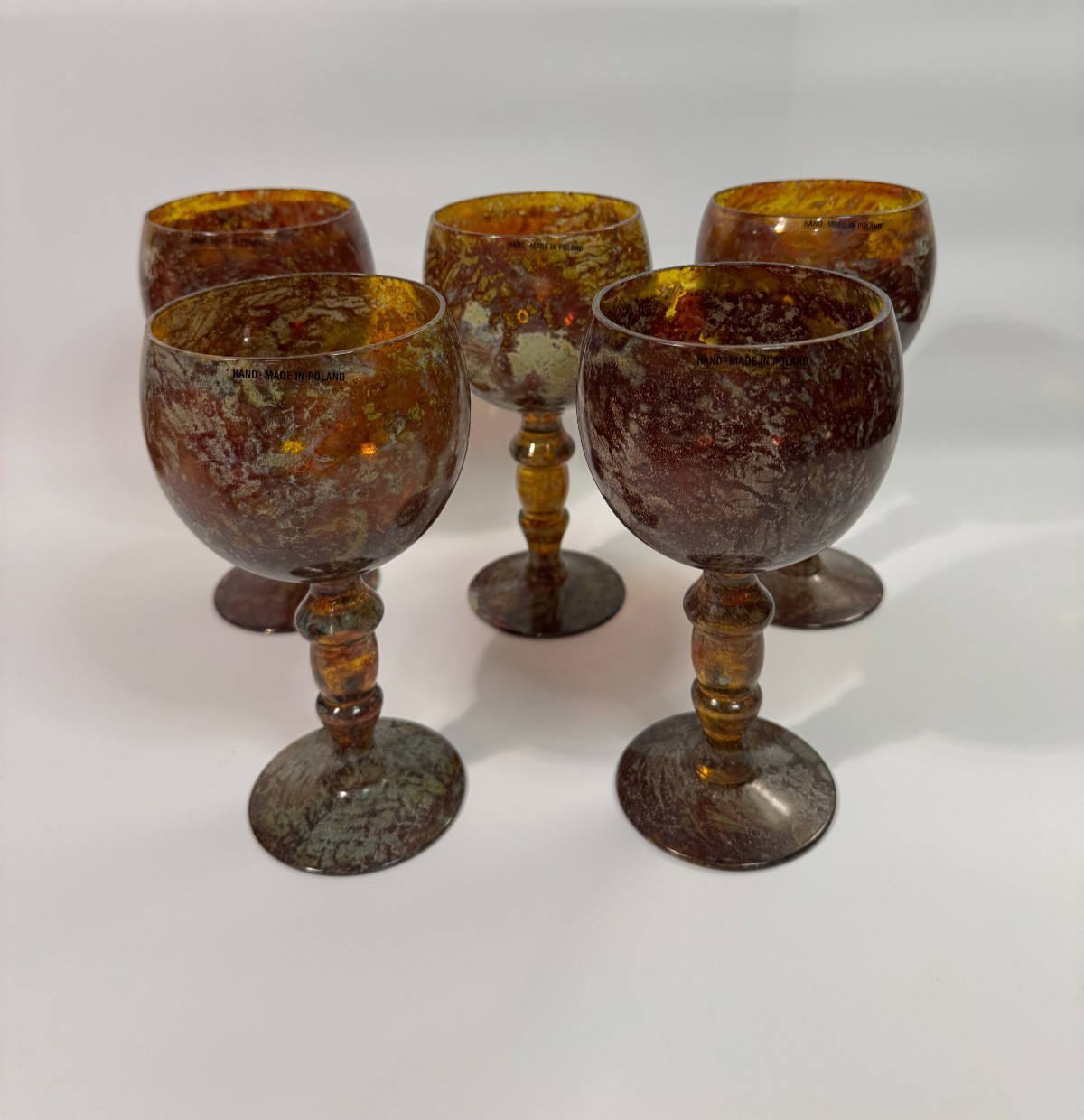 Neiman Marcus Red Moss Agate Goblets Set 5 Vintage Hand Blown Art Glass Poland