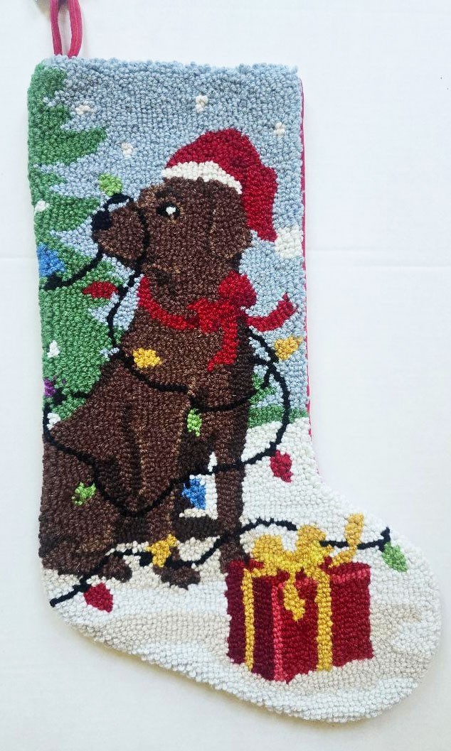 Peking Handicraft Chocolate Lab Retriever Dog Lights Christmas Hooked Stocking