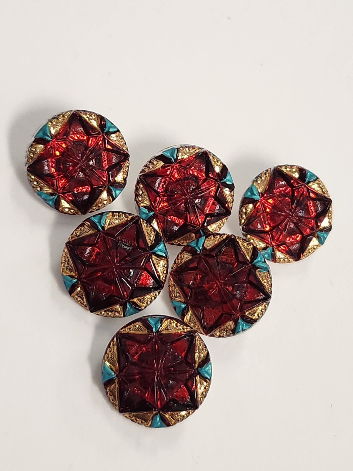 Scarlet Gold Green Gem Czech Glass Buttons Lot Of 6 New Pour Vintage Mold 18mm