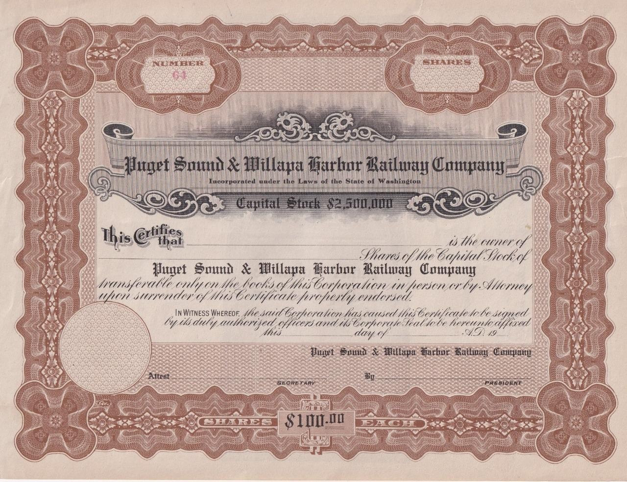 1900s Puget Sound & Willapa Harbor Railway Co unissued capital stock certificate