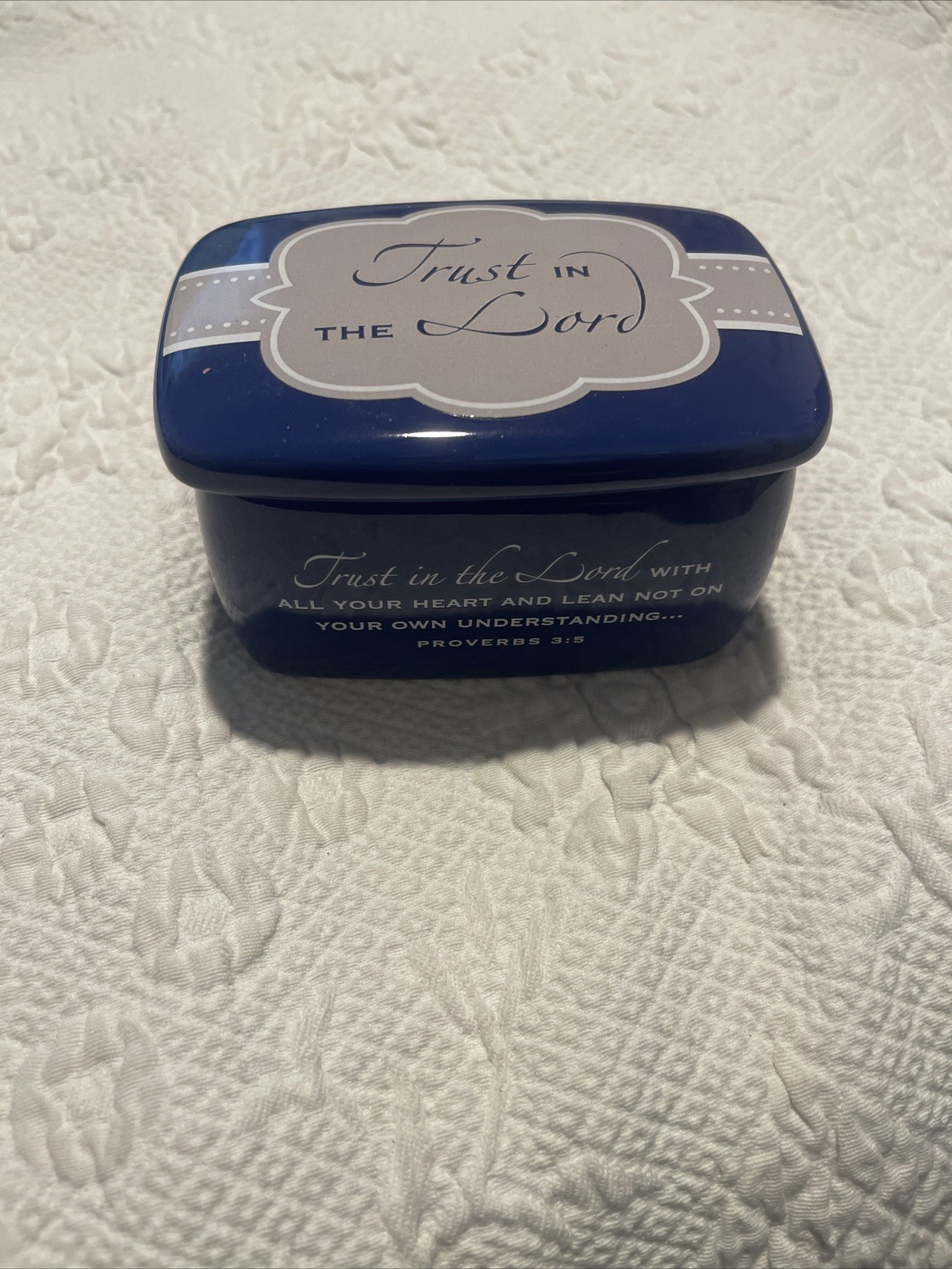 Trust In The Lord Blue Ceramic Trinket Box With Lid 4x3x2.5