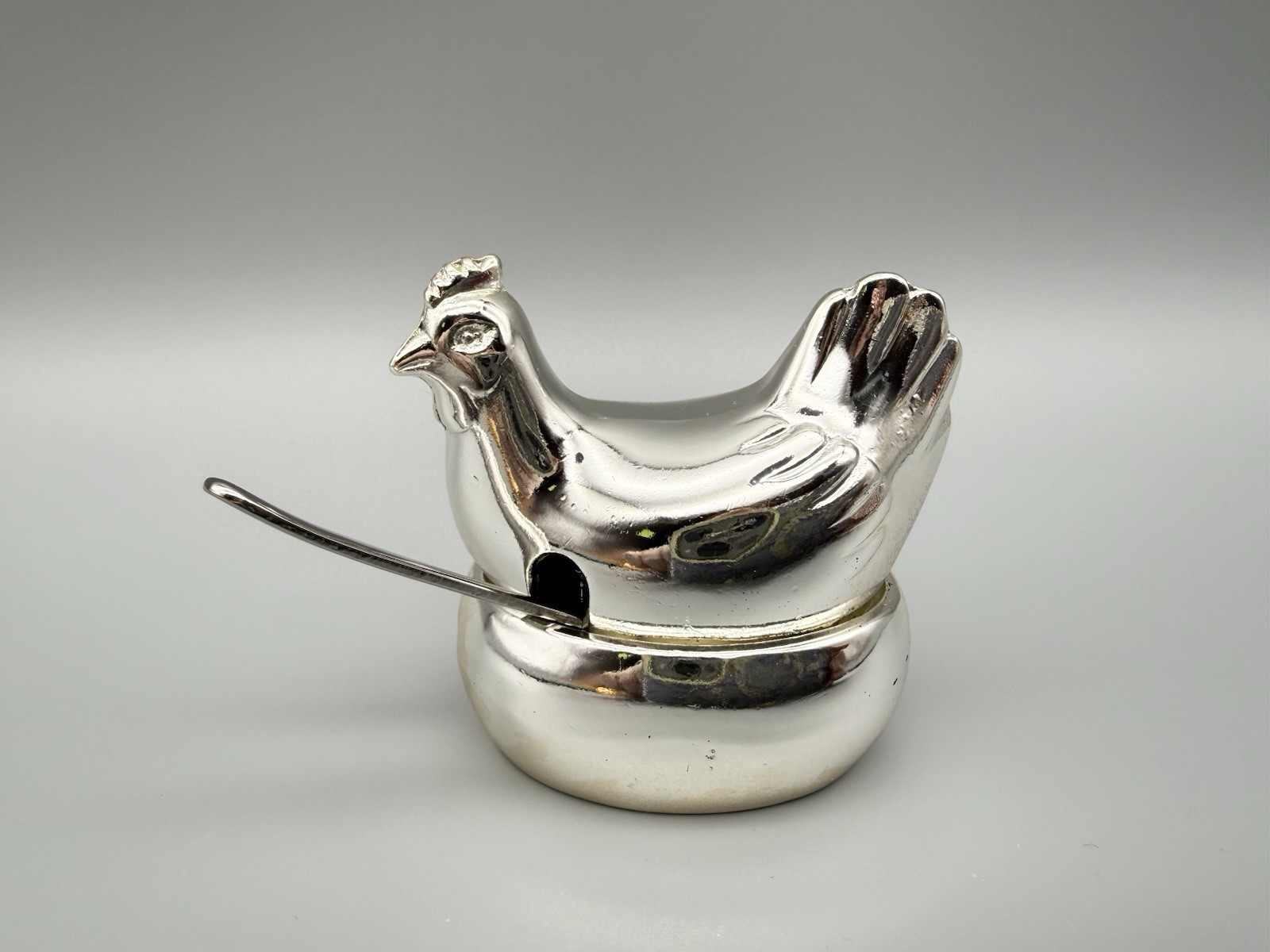 Vintage Silverplate Mini Hen on Nest Salt Cellar + Spoon + Plastic Liner Japan