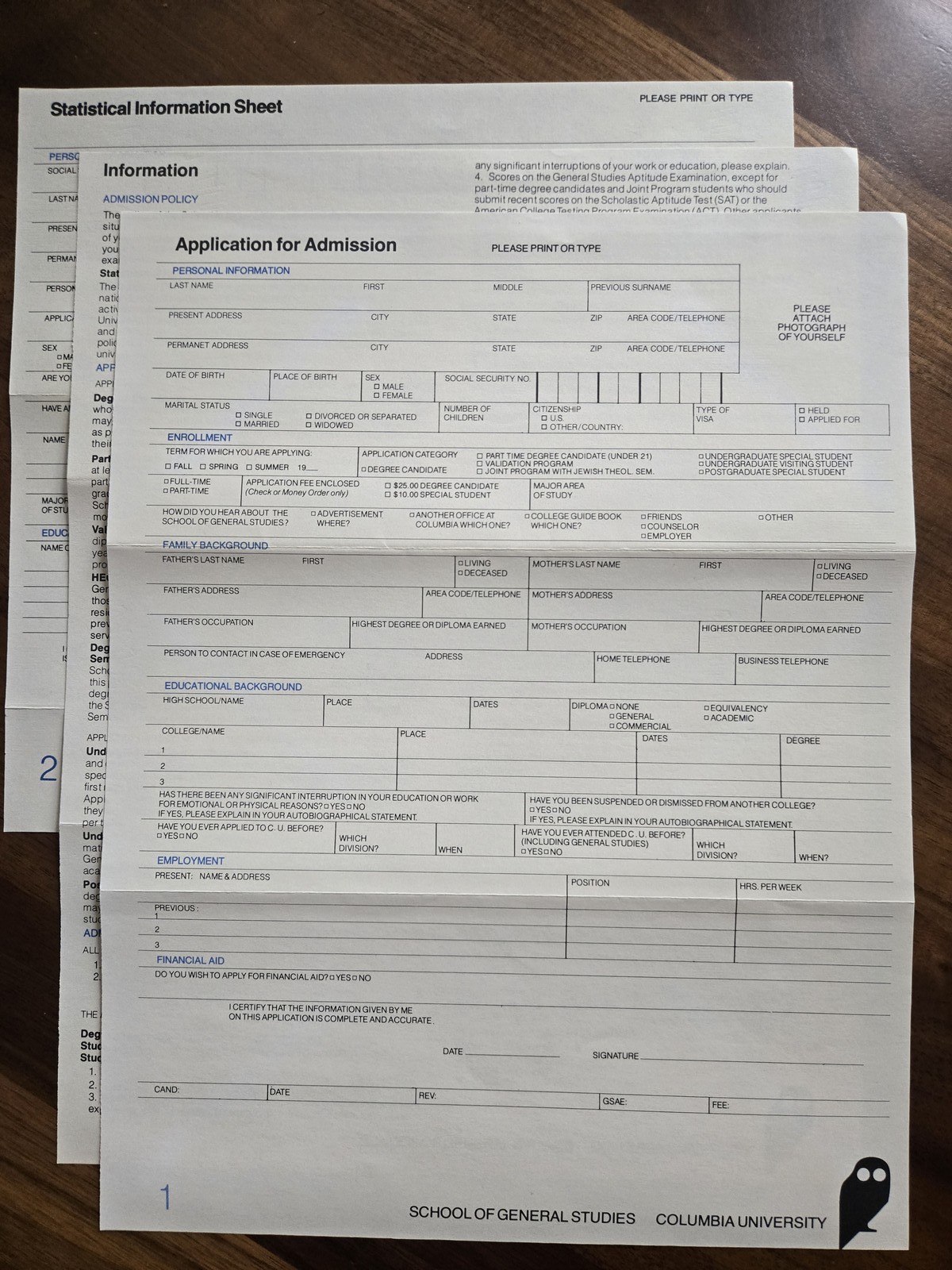 Vintage Columbia University School of General Studies Admission Application