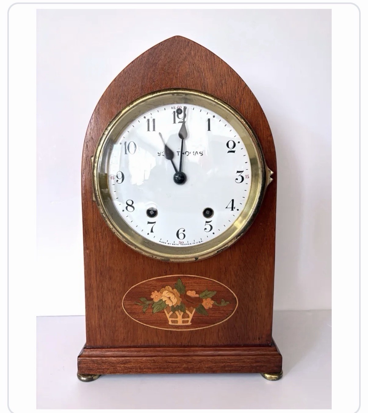 Antique 1920s Seth Thomas Inlaid Mahogany Gothic Beehive Mantle Clock w/Key