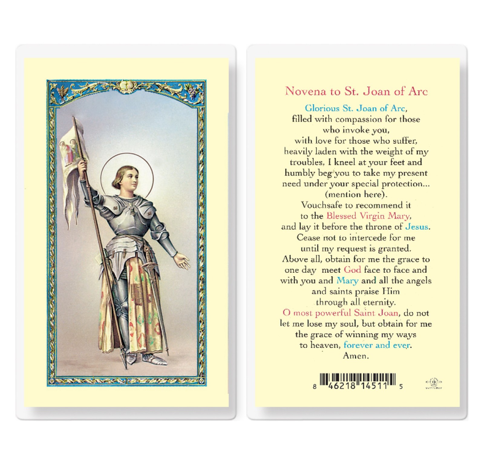 St Joan of Arc Holy Card Laminated Catholic Prayer Card Patron Saint Novena Pray