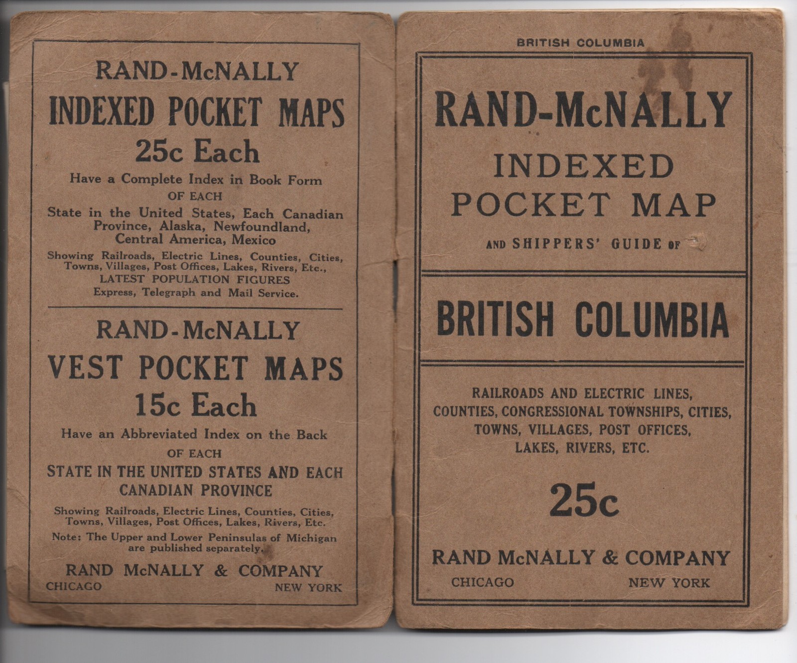  Large 1915 Rand McNally Color Pocket Map & Shippers Guide to British Columbia