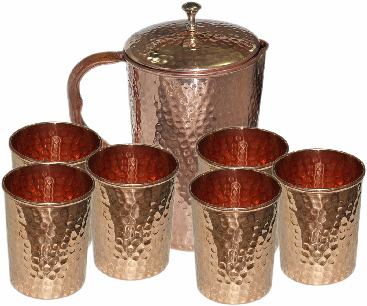 Pure Copper Handmade Hammered Jug Water Pitcher 1.5 L & 6 Glasses Tumbler 300 ml Pure Copper Handmade Hammered Jug Water Pitcher 1.5 L & 6 Glasses Tumbler 300 ml