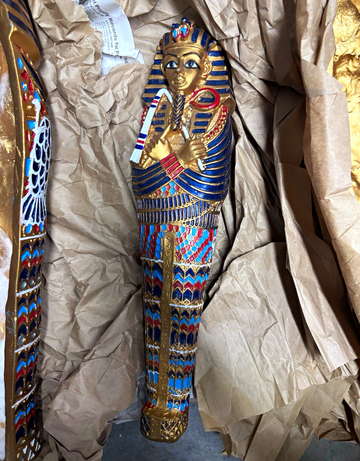 Egyptian Sarcophagus & Mummy Figurine Lot w/ Coffin Lids Gold Blue Red