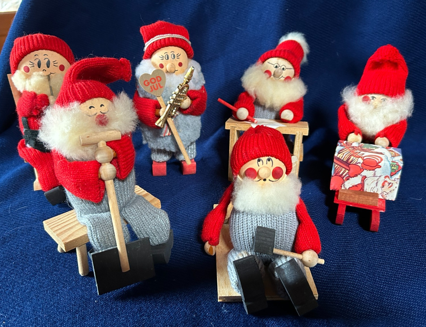 6 Vintage Ljungstroms Sweden Tomte Elves Handmade Wood Christmas Figures Lot
