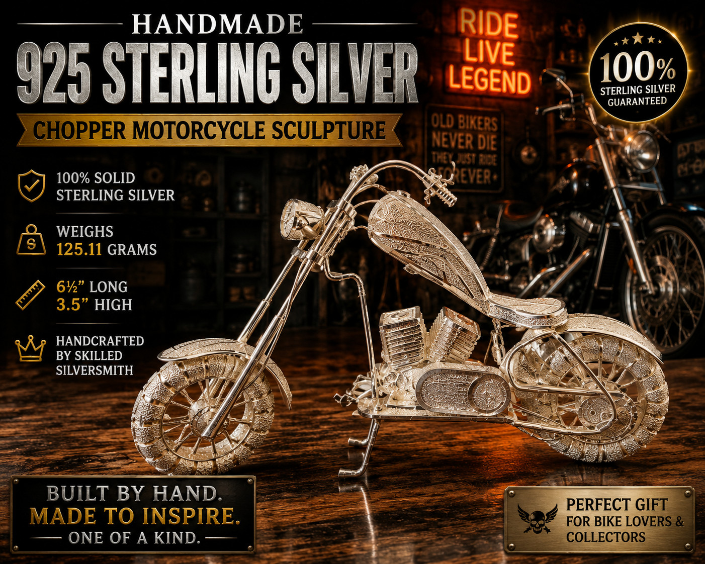 Handmade 925 Sterling Silver Chopper Motorcycle Sculpture  Biker Collector Gift