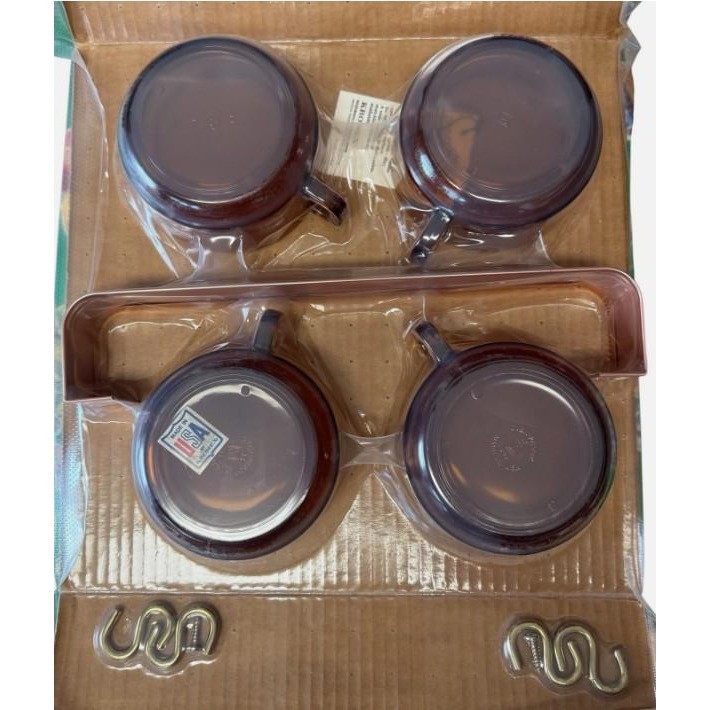 Vtg MCM Copper Mug Rack Bar Set 4 Amber Glass Soup Mugs NOS Kromex Sealed Box