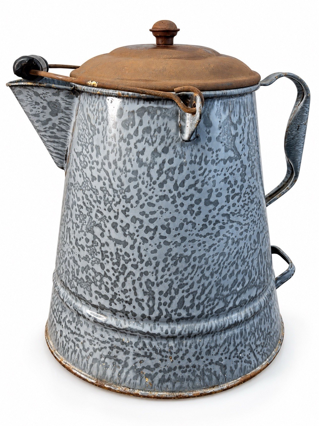 Vintage Gray Graniteware Enamel Coffee Pot Kettle Bail Handle Strainer 10.5”